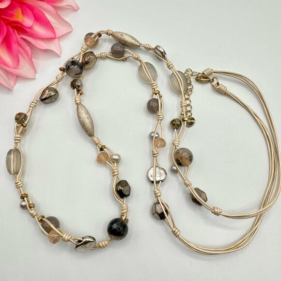 Nakamol Knotted Pearlized Leather Glass Bead Necklace Gray Tones Neutral Boho - Picture 4 of 14